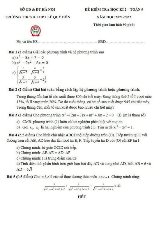 Đề thi HK2 Toán 9 năm 2021 – 2022 trường THCS&THPT Lê Quý Đôn – Hà Nội