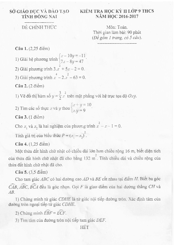 Đề thi HK2 Toán 9 năm học 2016 – 2017 sở GD và ĐT Đồng Nai