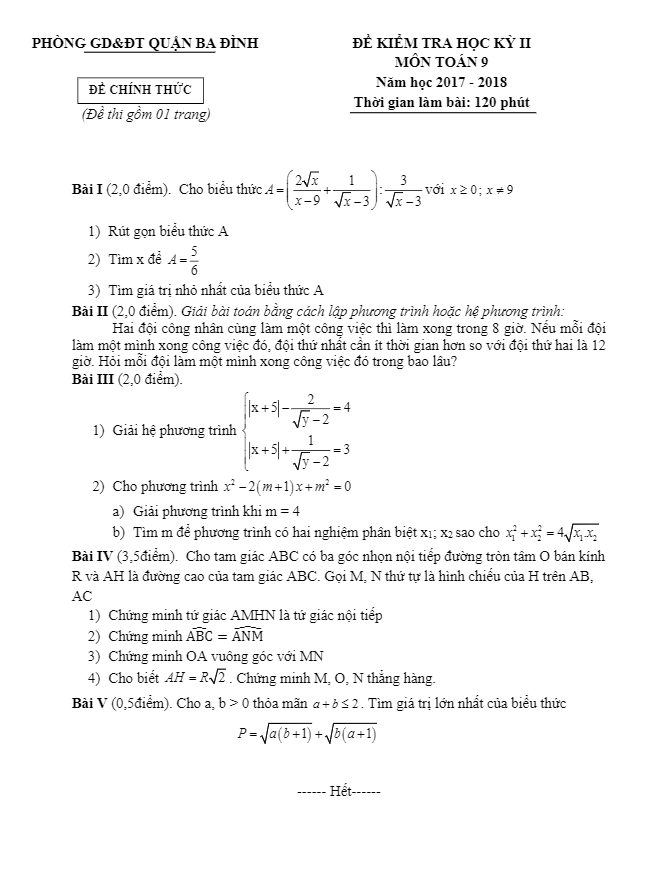 Đề thi HK2 Toán 9 năm học 2017 – 2018 phòng GD và ĐT Ba Đình – Hà Nội