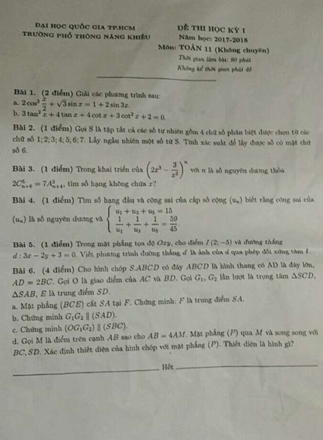 Đề thi HKI Toán 11 không chuyên năm học 2017 – 2018 trường Phổ Thông Năng Khiếu – TP. HCM