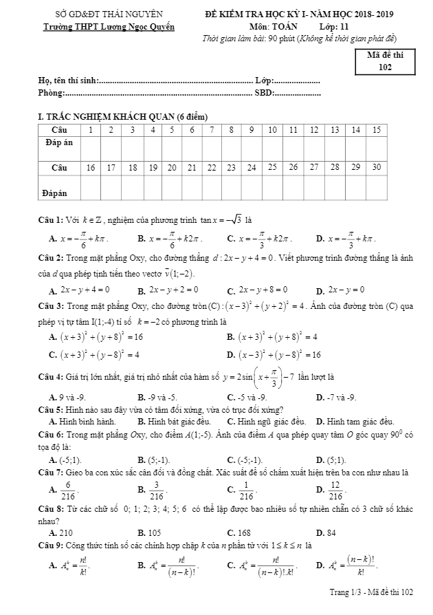 Đề thi HKI Toán 11 năm 2018 – 2019 trường Lương Ngọc Quyến – Thái Nguyên
