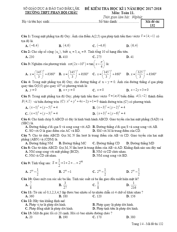 Đề thi HKI Toán 11 năm học 2017 – 2018 trường THPT Phan Bội Châu – Đăk Lăk