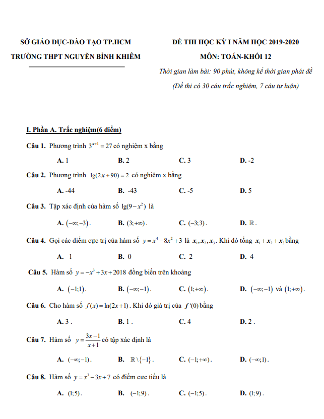 Đề thi HKI Toán 12 năm 2019 – 2020 trường Nguyễn Bỉnh Khiêm – TP HCM