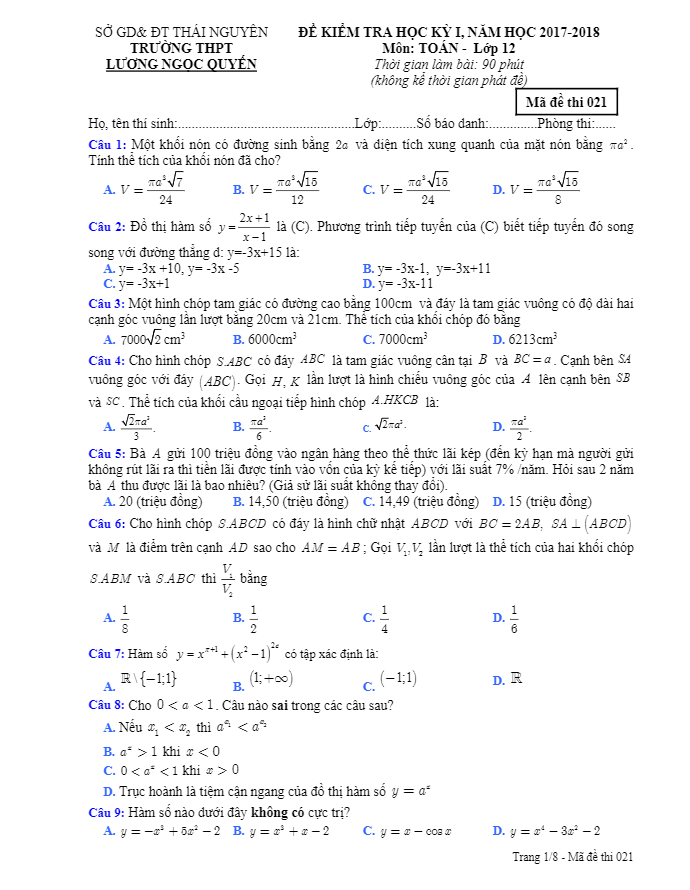 Đề thi HKI Toán 12 năm học 2017 – 2018 trường THPT Lương Ngọc Quyến – Thái Nguyên