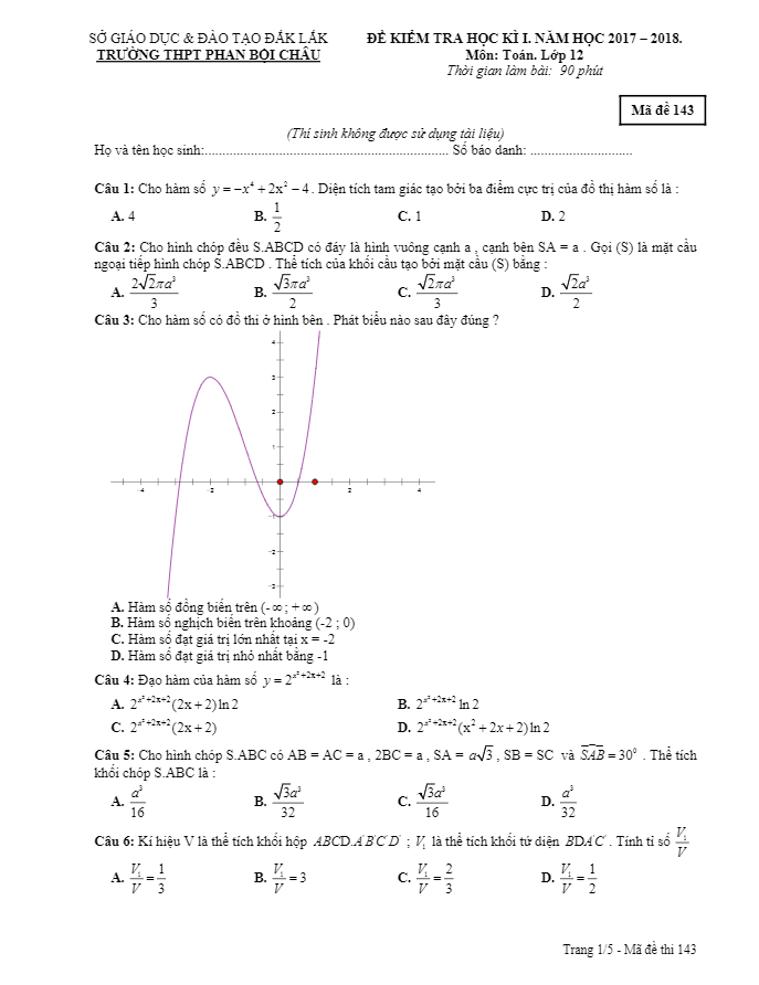 Đề thi HKI Toán 12 năm học 2017 – 2018 trường THPT Phan Bội Châu – Đăk Lăk
