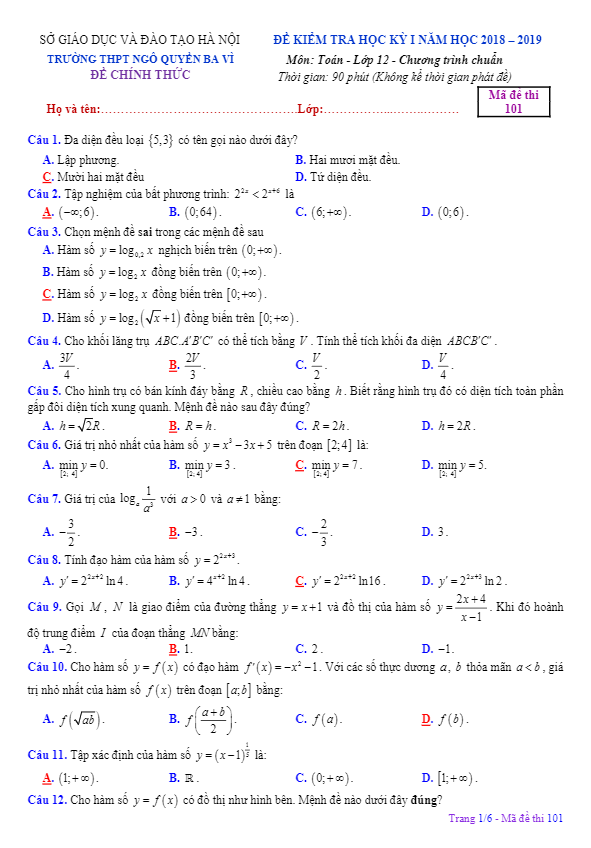 Đề thi HKI Toán 12 năm học 2018 – 2019 trường THPT Ngô Quyền – Hà Nội