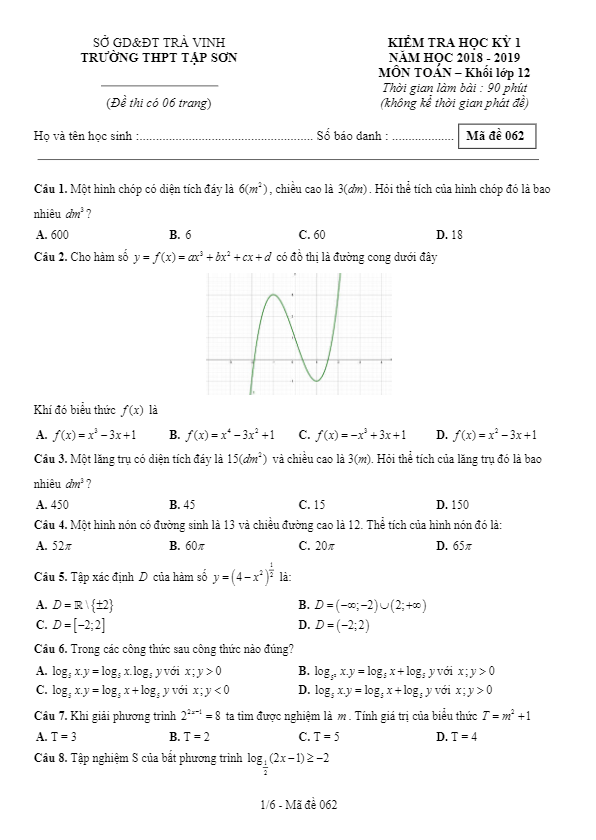 Đề thi HKI Toán 12 năm học 2018 – 2019 trường THPT Tập Sơn – Trà Vinh