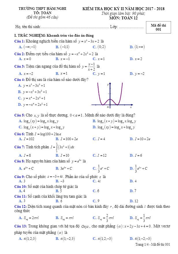 Đề thi HKII Toán 12 năm học 2017 – 2018 trường THPT Hàm Nghi – Hà Tĩnh