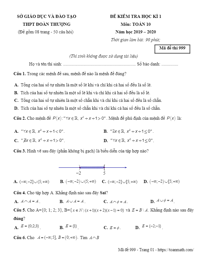 Đề thi học kì 1 Toán 10 năm 2019 – 2020 trường Đoàn Thượng – Hải Dương