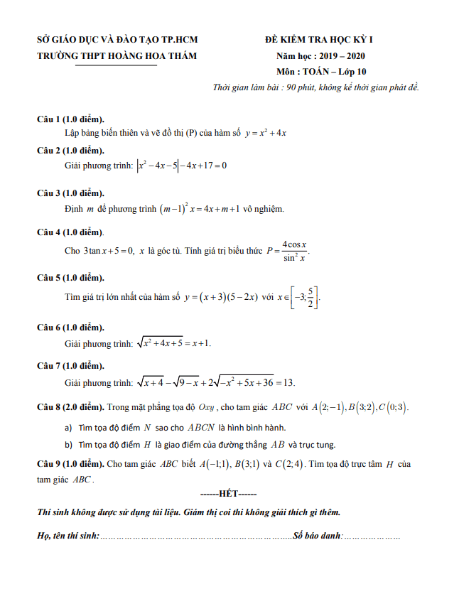 Đề thi học kì 1 Toán 10 năm 2019 – 2020 trường Hoàng Hoa Thám – TP HCM