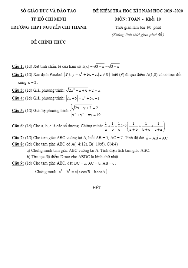 Đề thi học kì 1 Toán 10 năm 2019 – 2020 trường Nguyễn Chí Thanh – TP HCM