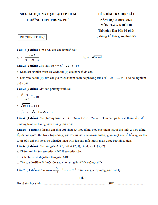 Đề thi học kì 1 Toán 10 năm 2019 – 2020 trường Phong Phú – TP HCM