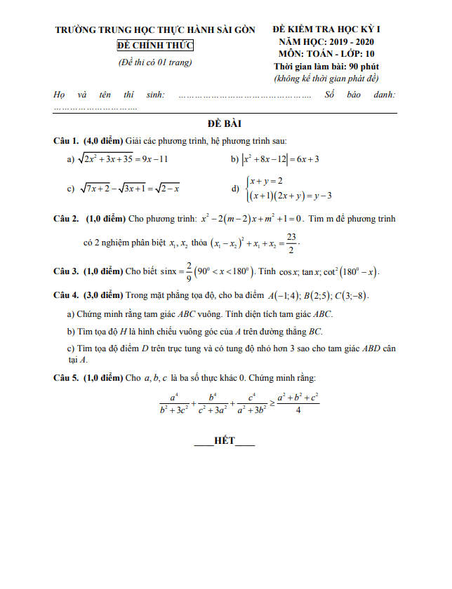 Đề thi học kì 1 Toán 10 năm 2019 – 2020 trường TH Thực hành Sài Gòn – TP HCM