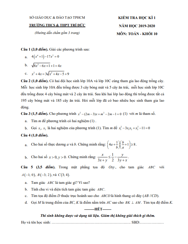 Đề thi học kì 1 Toán 10 năm 2019 – 2020 trường THCS&THPT Trí Đức – TP HCM