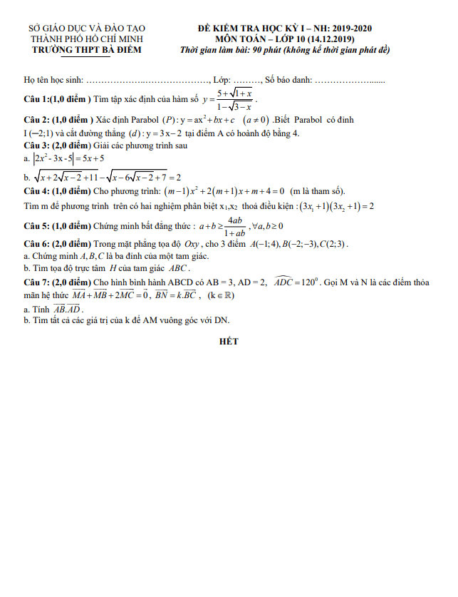 Đề thi học kì 1 Toán 10 năm 2019 – 2020 trường THPT Bà Điểm – TP HCM