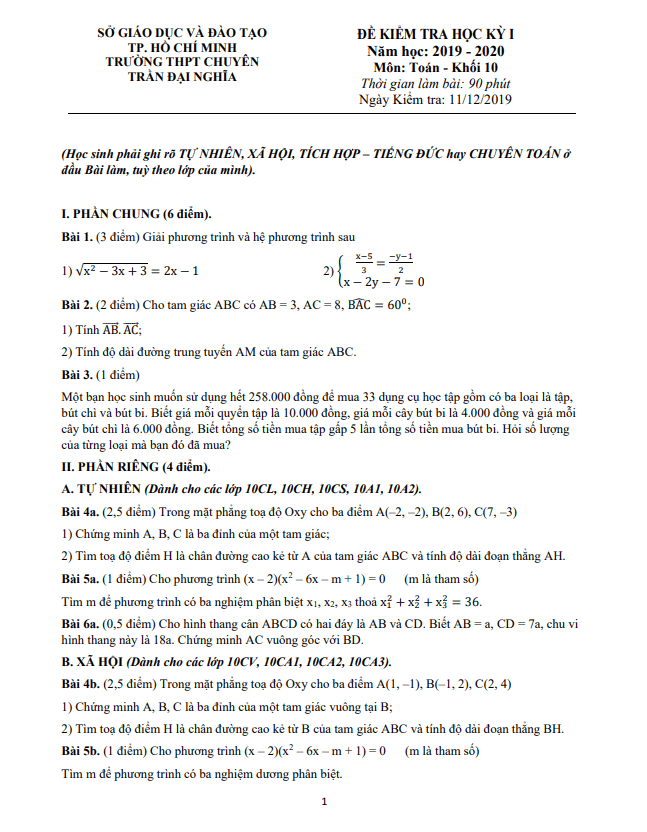 Đề thi học kì 1 Toán 10 năm 2019 – 2020 trường THPT chuyên Trần Đại Nghĩa – TP HCM