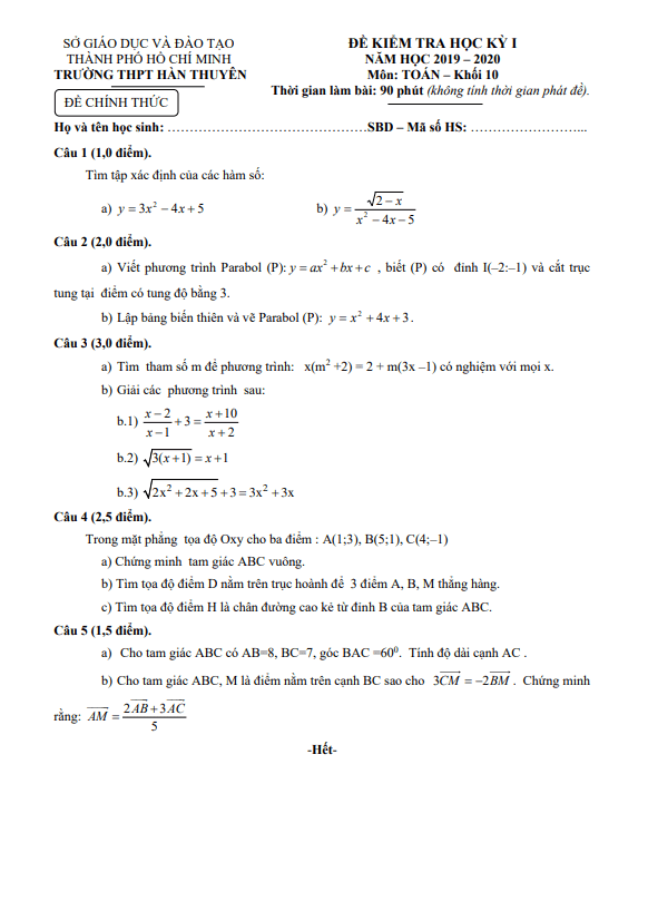 Đề thi học kì 1 Toán 10 năm 2019 – 2020 trường THPT Hàn Thuyên – TP HCM