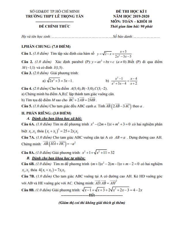 Đề thi học kì 1 Toán 10 năm 2019 – 2020 trường THPT Lê Trọng Tấn – TP HCM