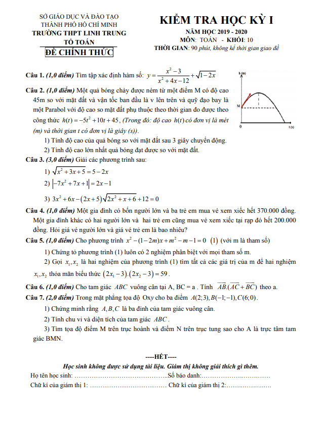 Đề thi học kì 1 Toán 10 năm 2019 – 2020 trường THPT Linh Trung – TP HCM
