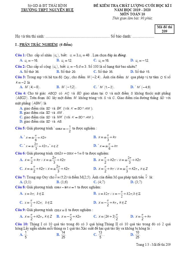 Đề thi học kì 1 Toán 10 năm 2019 – 2020 trường THPT Nguyễn Huệ – Thái Bình