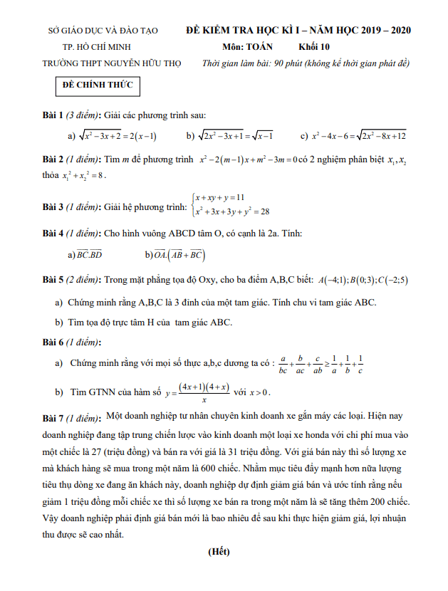 Đề thi học kì 1 Toán 10 năm 2019 – 2020 trường THPT Nguyễn Hữu Thọ – TP HCM