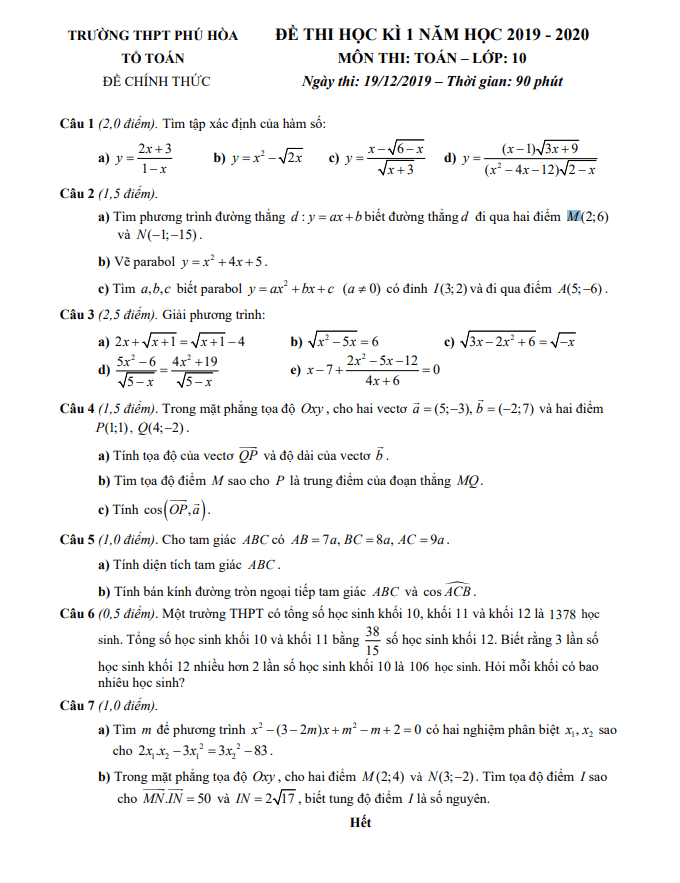 Đề thi học kì 1 Toán 10 năm 2019 – 2020 trường THPT Phú Hòa – TP HCM