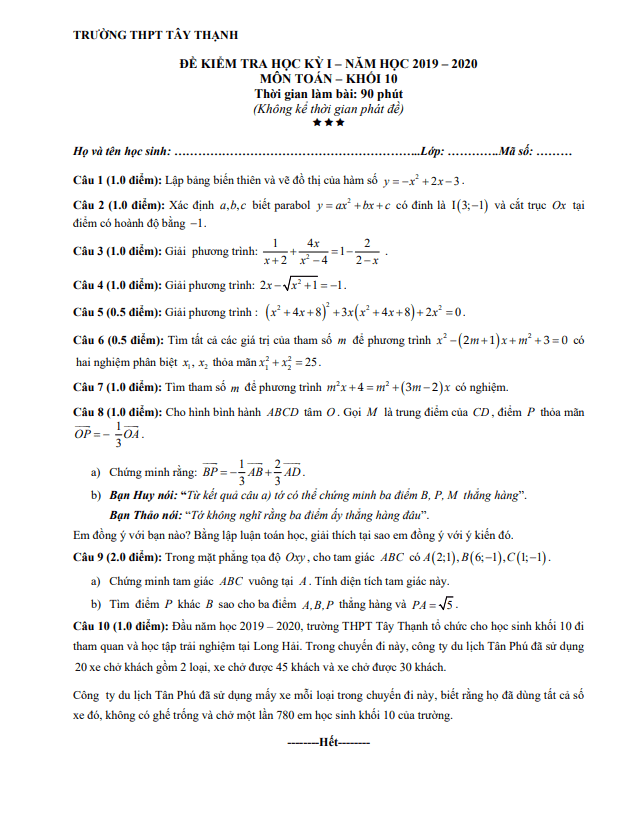 Đề thi học kì 1 Toán 10 năm 2019 – 2020 trường THPT Tây Thạnh – TP HCM