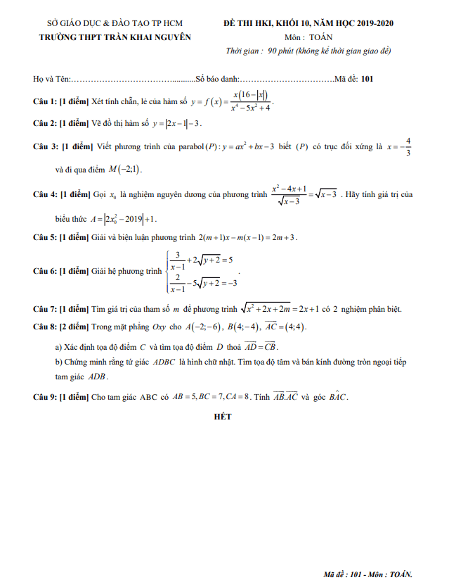 Đề thi học kì 1 Toán 10 năm 2019 – 2020 trường THPT Trần Khai Nguyên – TP HCM