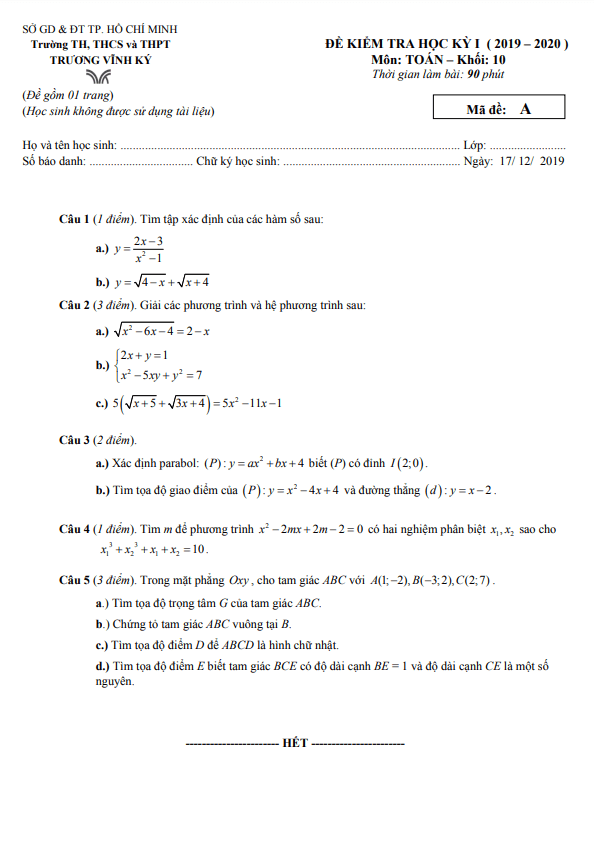 Đề thi học kì 1 Toán 10 năm 2019 – 2020 trường Trương Vĩnh Ký – TP HCM