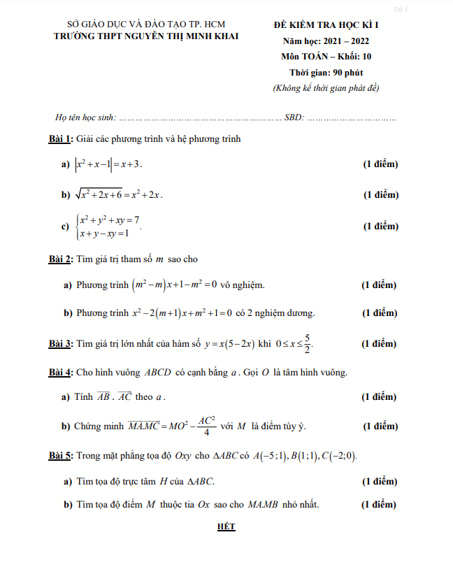 Đề thi học kì 1 Toán 10 năm 2021 – 2022 trường THPT Nguyễn Thị Minh Khai – TP HCM