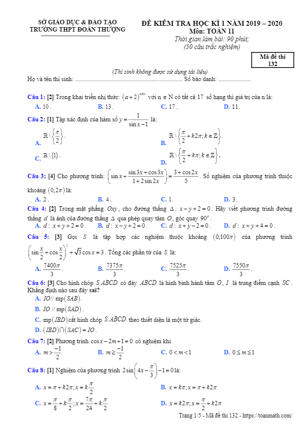 Đề thi học kì 1 Toán 11 năm 2019 – 2020 trường Đoàn Thượng – Hải Dương