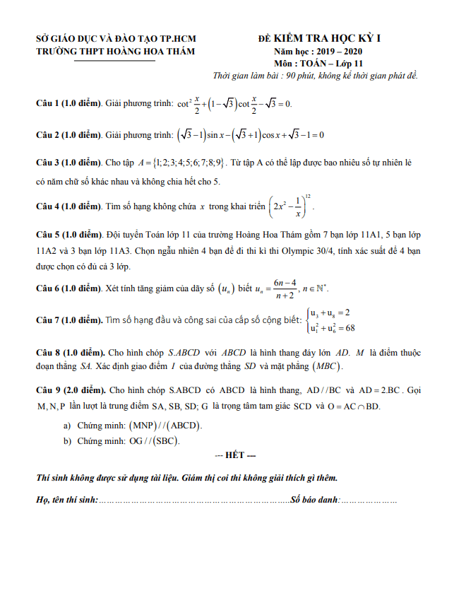 Đề thi học kì 1 Toán 11 năm 2019 – 2020 trường Hoàng Hoa Thám – TP HCM