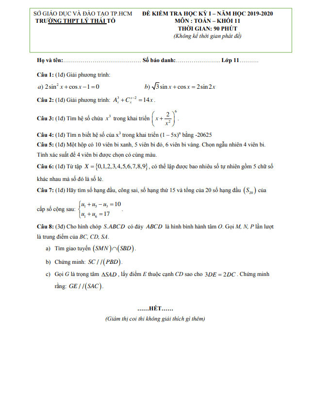 Đề thi học kì 1 Toán 11 năm 2019 – 2020 trường Lý Thái Tổ – TP HCM