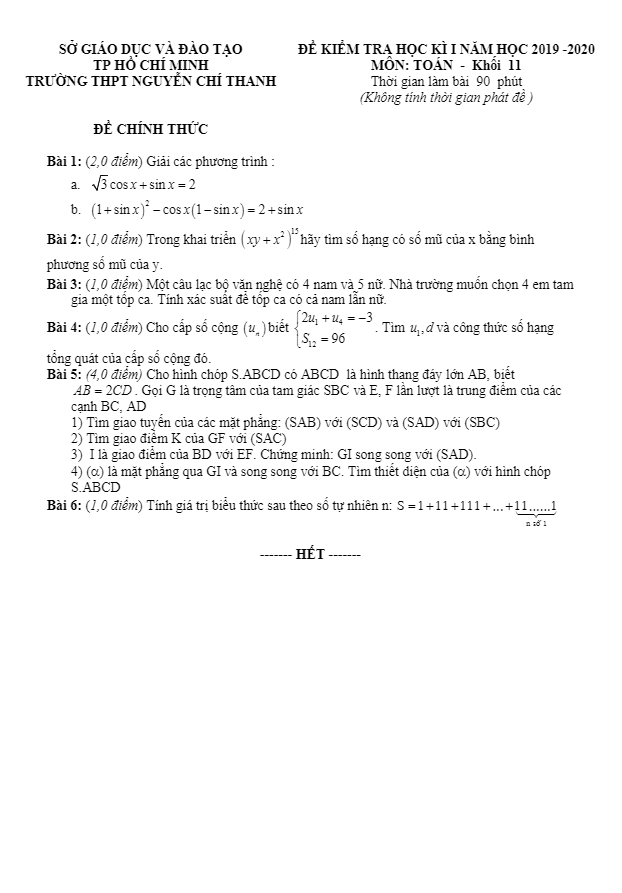 Đề thi học kì 1 Toán 11 năm 2019 – 2020 trường Nguyễn Chí Thanh – TP HCM