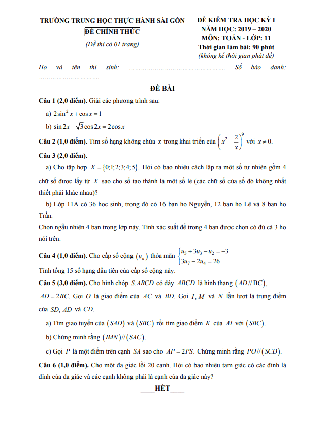 Đề thi học kì 1 Toán 11 năm 2019 – 2020 trường TH Thực hành Sài Gòn – TP HCM