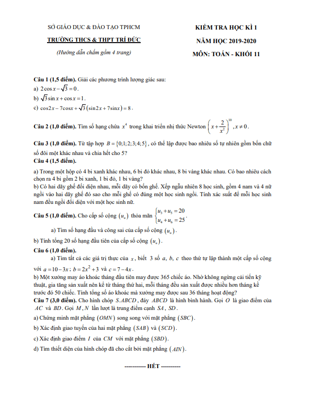 Đề thi học kì 1 Toán 11 năm 2019 – 2020 trường THCS&THPT Trí Đức – TP HCM