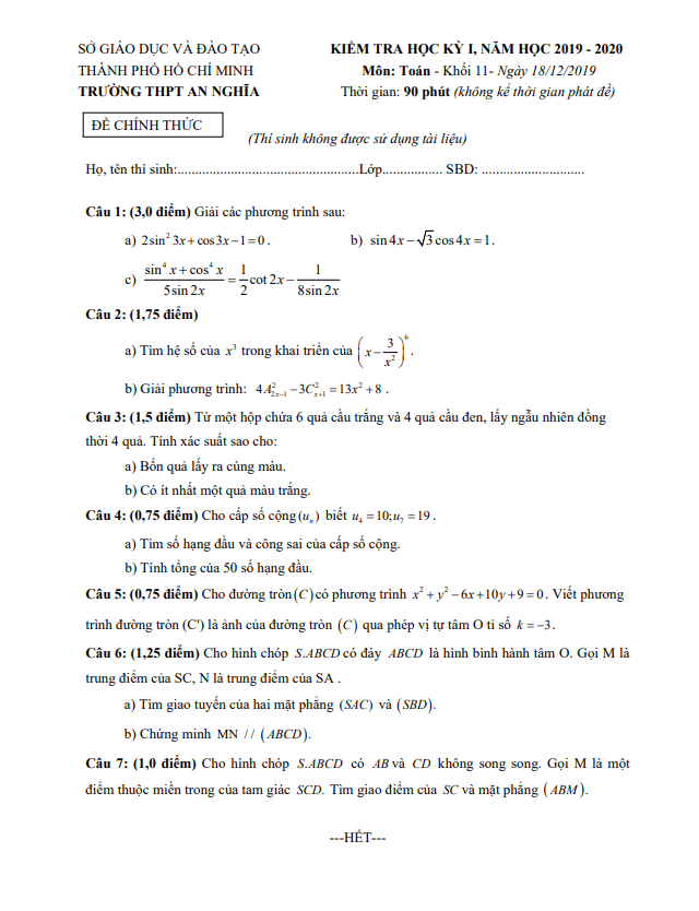 Đề thi học kì 1 Toán 11 năm 2019 – 2020 trường THPT An Nghĩa – TP HCM