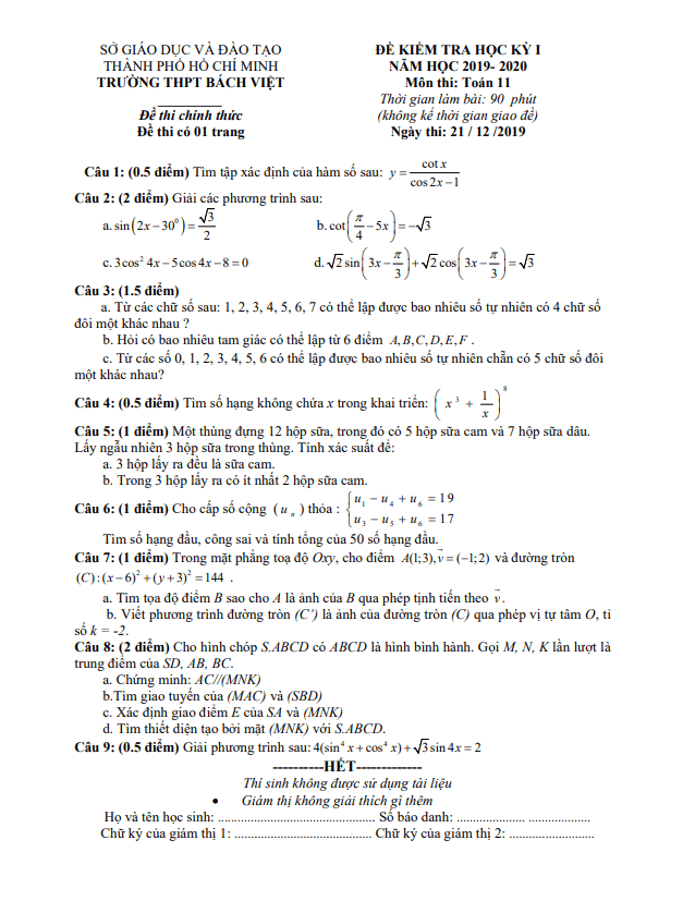 Đề thi học kì 1 Toán 11 năm 2019 – 2020 trường THPT Bách Việt – TP HCM