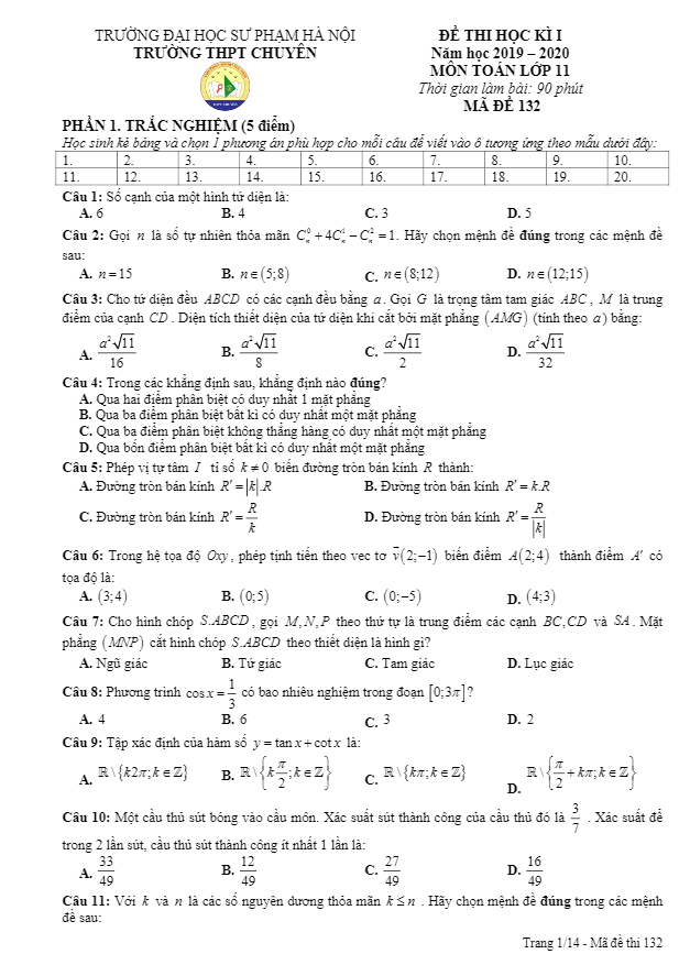 Đề thi học kì 1 Toán 11 năm 2019 – 2020 trường THPT chuyên ĐHSP Hà Nội