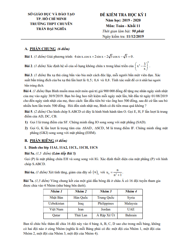 Đề thi học kì 1 Toán 11 năm 2019 – 2020 trường THPT chuyên Trần Đại Nghĩa – TP HCM