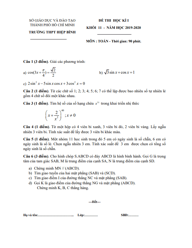Đề thi học kì 1 Toán 11 năm 2019 – 2020 trường THPT Hiệp Bình – TP HCM