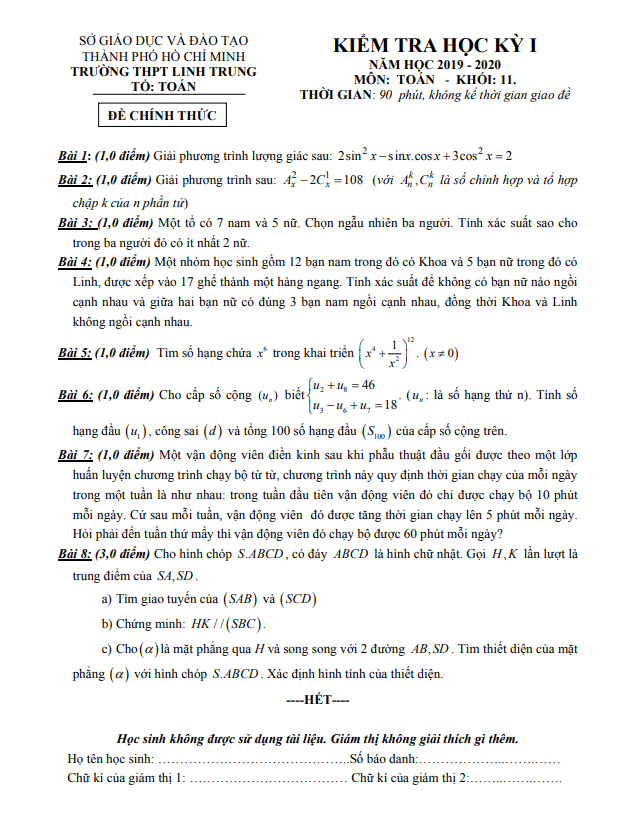 Đề thi học kì 1 Toán 11 năm 2019 – 2020 trường THPT Linh Trung – TP HCM