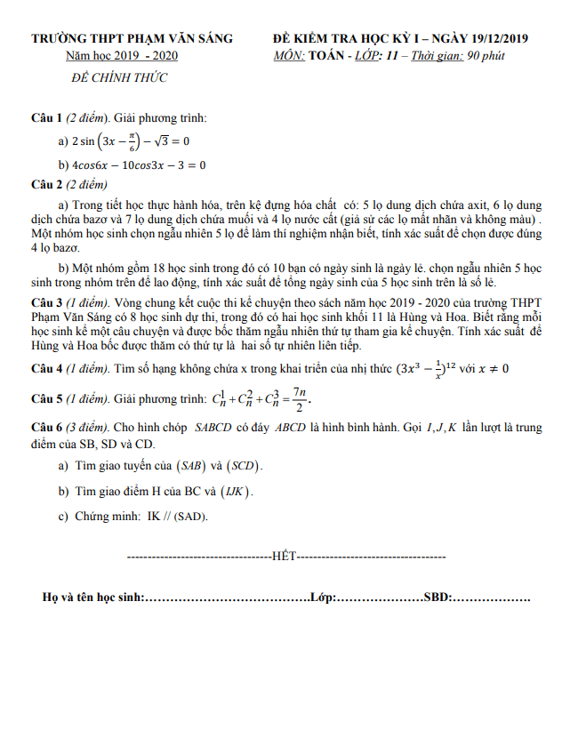 Đề thi học kì 1 Toán 11 năm 2019 – 2020 trường THPT Phạm Văn Sáng – TP HCM