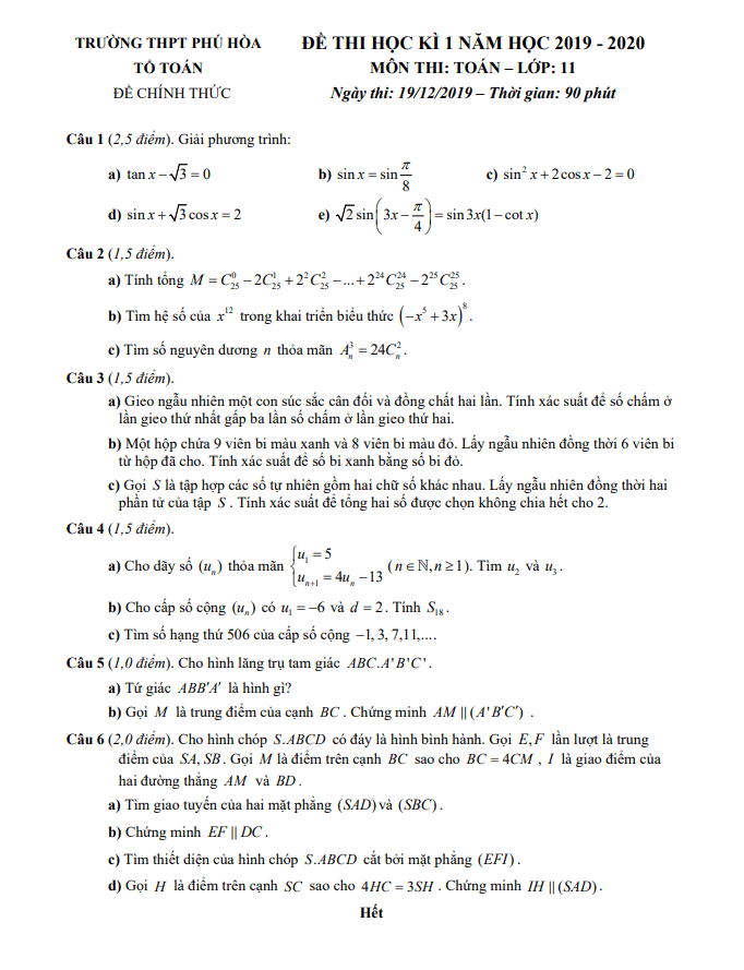 Đề thi học kì 1 Toán 11 năm 2019 – 2020 trường THPT Phú Hòa – TP HCM