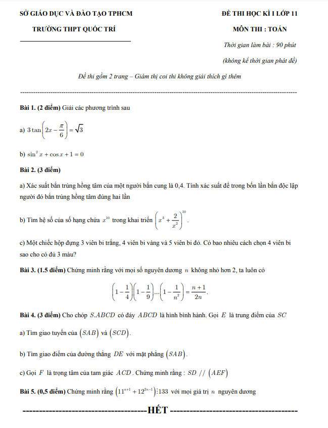 Đề thi học kì 1 Toán 11 năm 2019 – 2020 trường THPT Quốc Trí – TP HCM