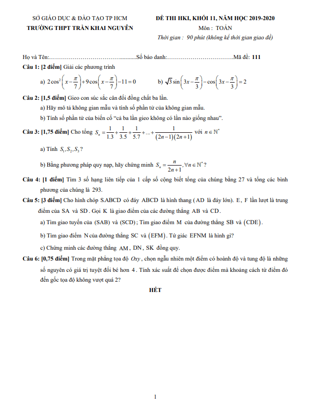 Đề thi học kì 1 Toán 11 năm 2019 – 2020 trường THPT Trần Khai Nguyên – TP HCM
