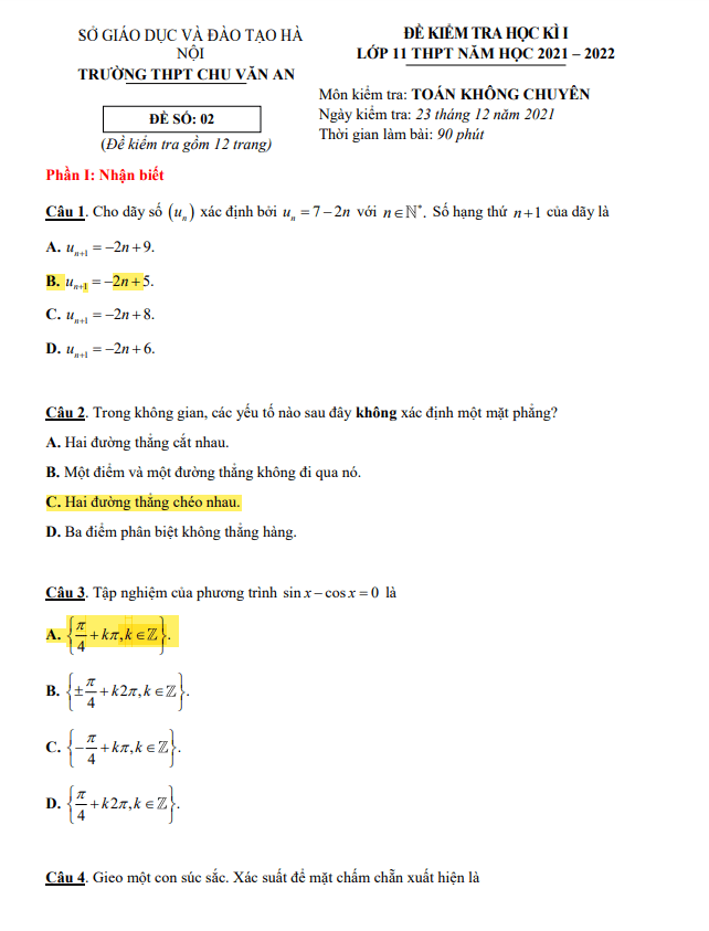 Đề thi học kì 1 Toán 11 năm 2021 – 2022 trường THPT Chu Văn An – Hà Nội