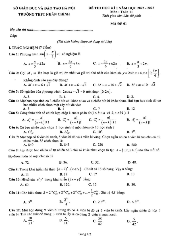 Đề thi học kì 1 Toán 11 năm 2022 – 2023 trường THPT Nhân Chính – Hà Nội
