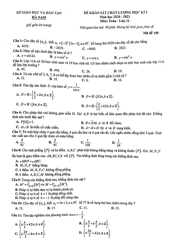 Đề thi học kì 1 Toán 11 năm học 2020 – 2021 sở GD&ĐT Hà Nam