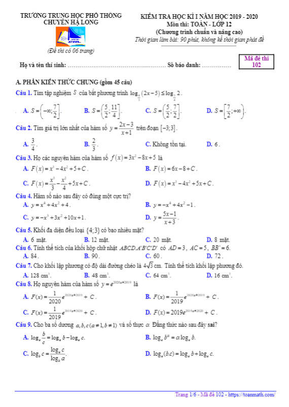 Đề thi học kì 1 Toán 12 năm 2019 – 2020 trường chuyên Hạ Long – Quảng Ninh